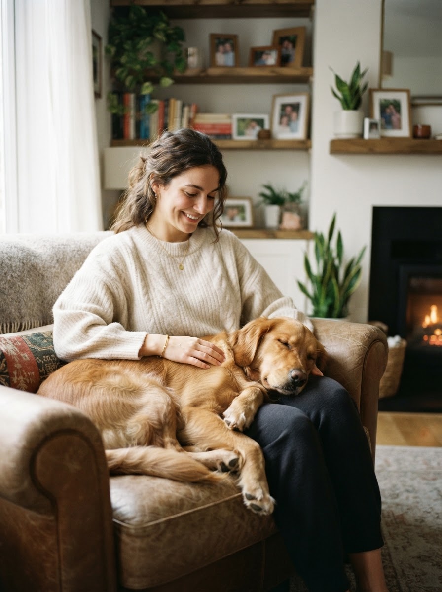 Une femme et son chien détendus dans leur salon